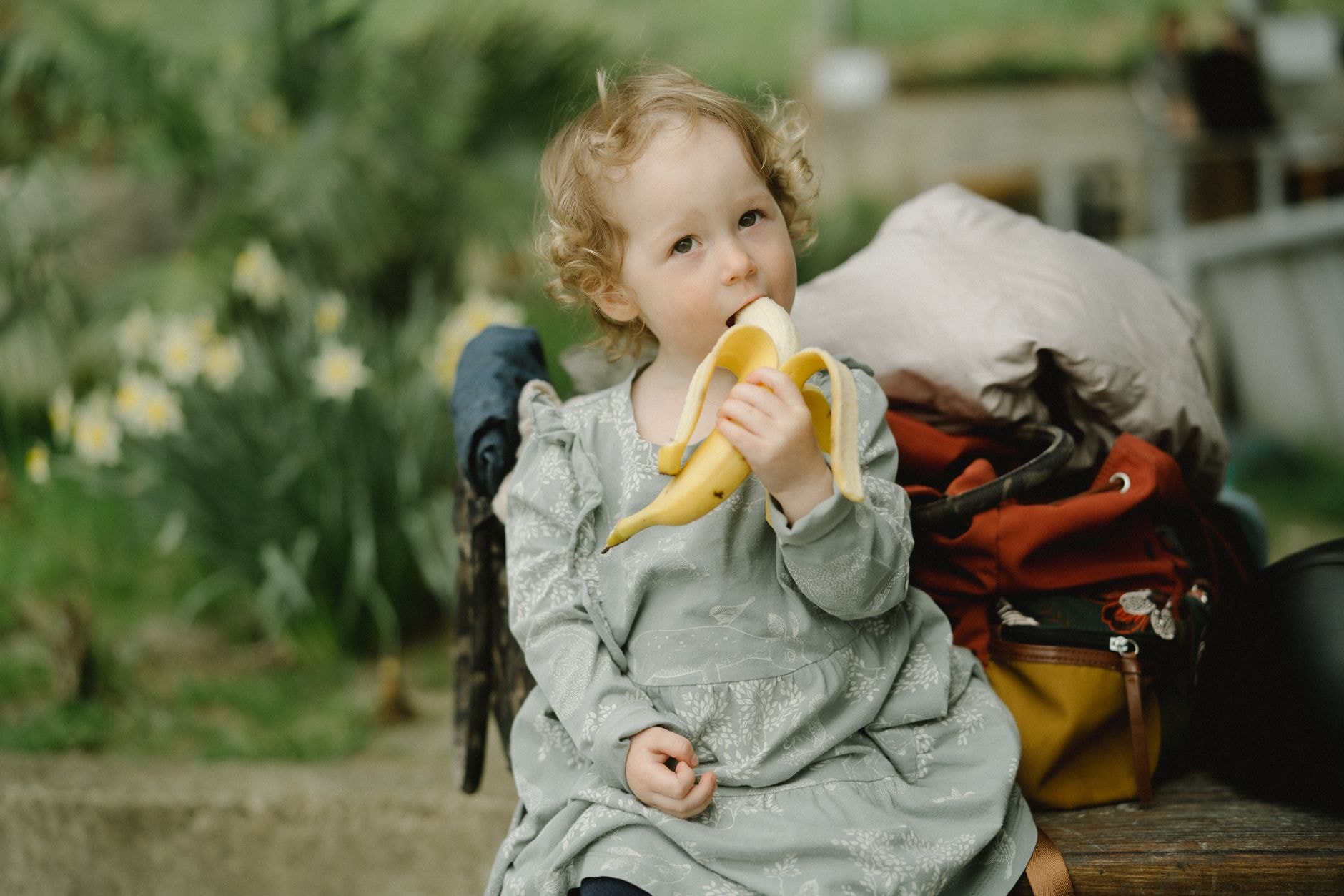 Une petite fille mange un fruit au goûter